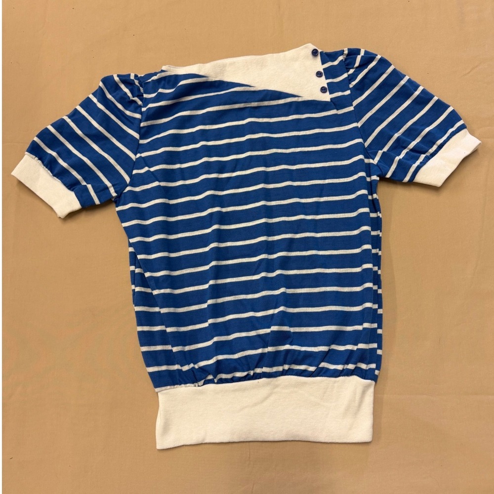 True Vintage 80s Striped Nautical Knit Top Blue White Button Shoulder  Small